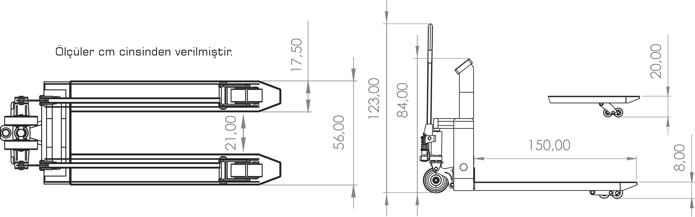 Tem Transpalet Baskül Beko Uzun Şase 56x150 Cm 2 Ton 1 Kg